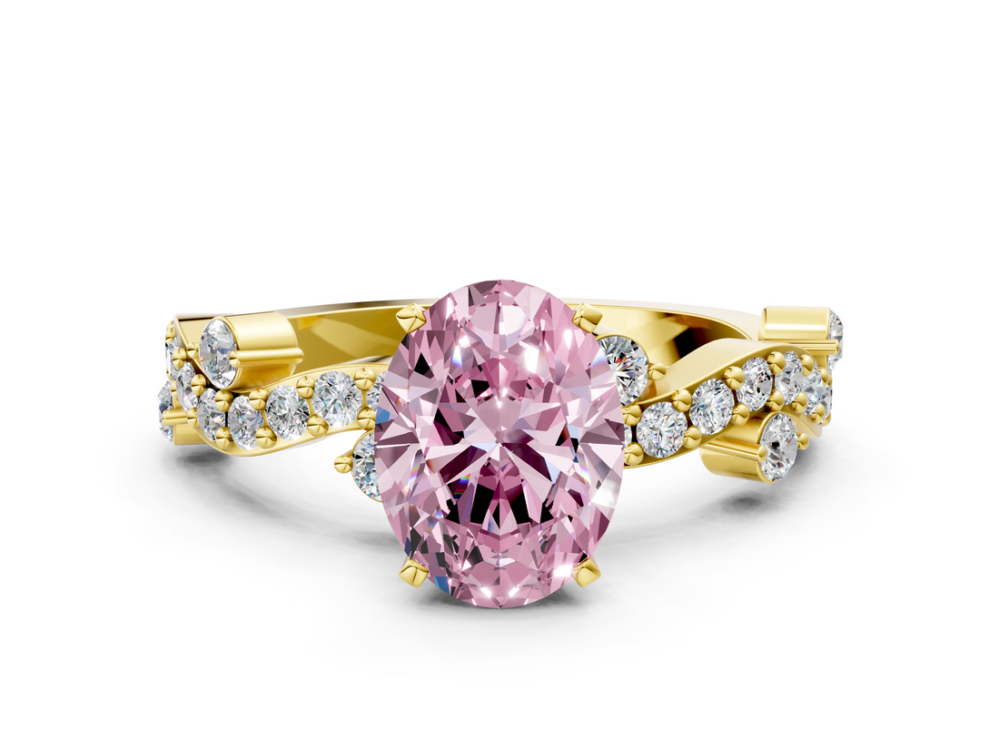 Yellow gold Fancy Pink Oval  Cut Solitaire Diamond Twisted Band with Pave Setting_67
