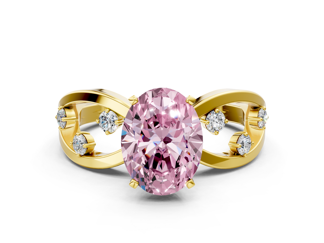 Yellow gold Fancy Pink Oval  Cut Solitaire Diamond with Side Stones on Criss-Cross Band and Four-Prong Setting_3