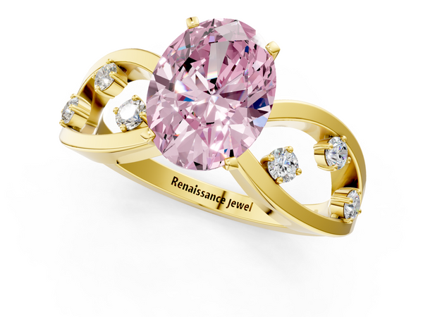 Yellow gold Fancy Pink Oval  Cut Solitaire Diamond with Side Stones on Criss-Cross Band and Four-Prong Setting