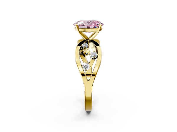 Yellow gold Fancy Pink Oval  Cut Solitaire Diamond with Side Stones on Criss-Cross Band and Four-Prong Setting