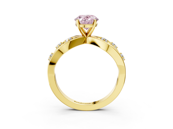 Yellow gold Fancy Pink Oval  Cut Solitaire Diamond with Side Stones on Criss-Cross Band and Four-Prong Setting