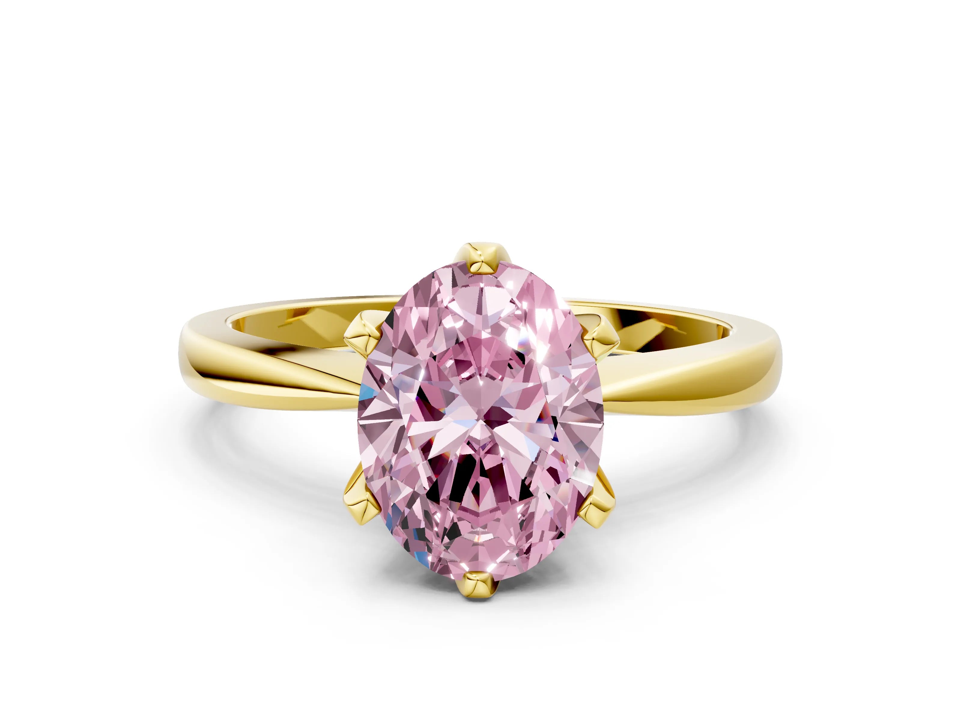 Yellow gold Fancy Pink Oval Cut Solitaire Engagement Ring with Six-Prong Setting and Tapered Band