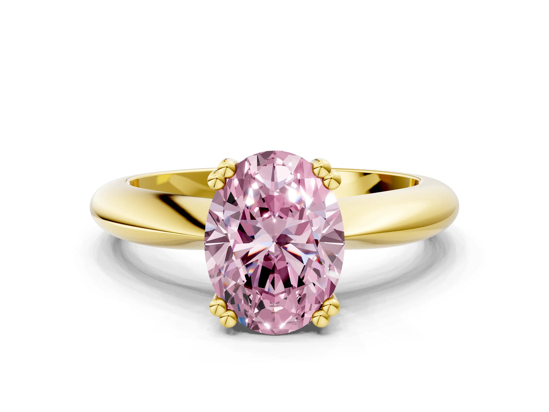 Yellow gold Fancy Pink Oval  Cut Solitaire Engagement Ring with Tapered Band and Four-Prong Setting