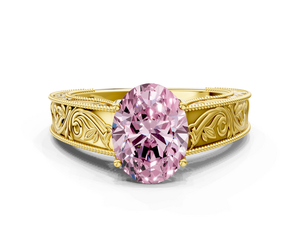 Yellow gold Fancy Pink Oval Cut Diamond Solitaire Ring with Engraved Band and Four-Prong Setting