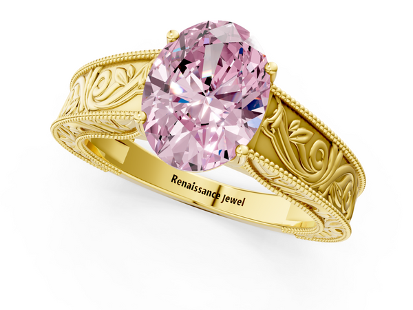 Yellow gold Fancy Pink Oval Cut Diamond Solitaire Ring with Engraved Band and Four-Prong Setting