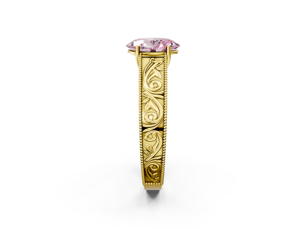 Yellow gold Fancy Pink Oval Cut Diamond Solitaire Ring with Engraved Band and Four-Prong Setting