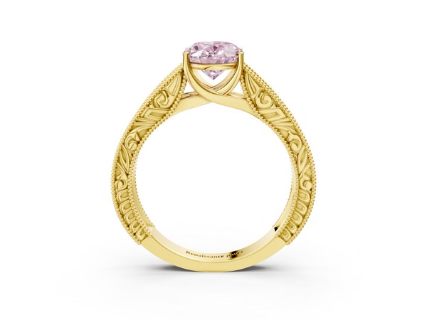 Yellow gold Fancy Pink Oval Cut Diamond Solitaire Ring with Engraved Band and Four-Prong Setting