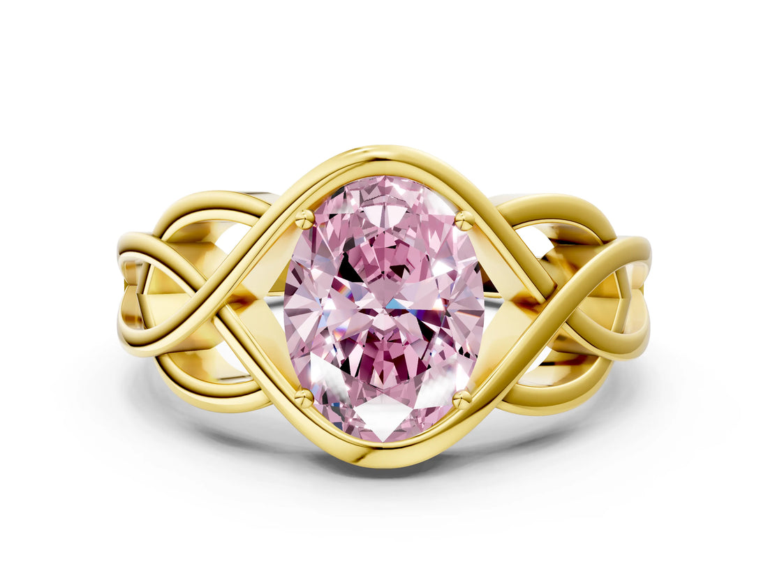 Yellow gold Fancy Pink Oval Cut Solitaire Intertwined Band Prong Setting Ring