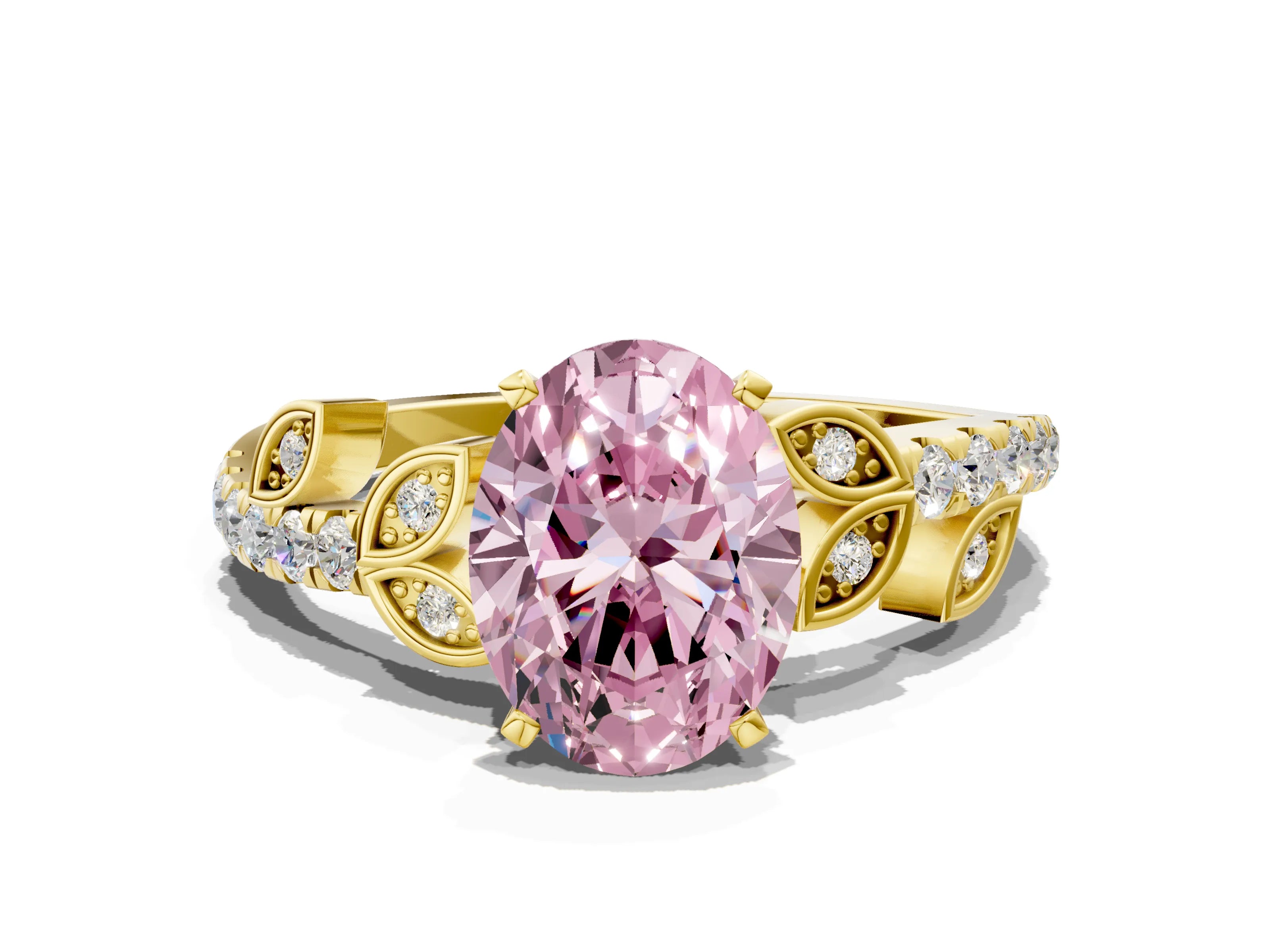 Yellow gold Fancy Pink Oval Cut Solitaire Leaf-Inspired Diamond Ring with Pavé Band and Four-Prong Setting