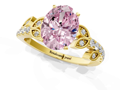 Yellow gold Fancy Pink Oval Cut Solitaire Leaf-Inspired Diamond Ring with Pavé Band and Four-Prong Setting_1
