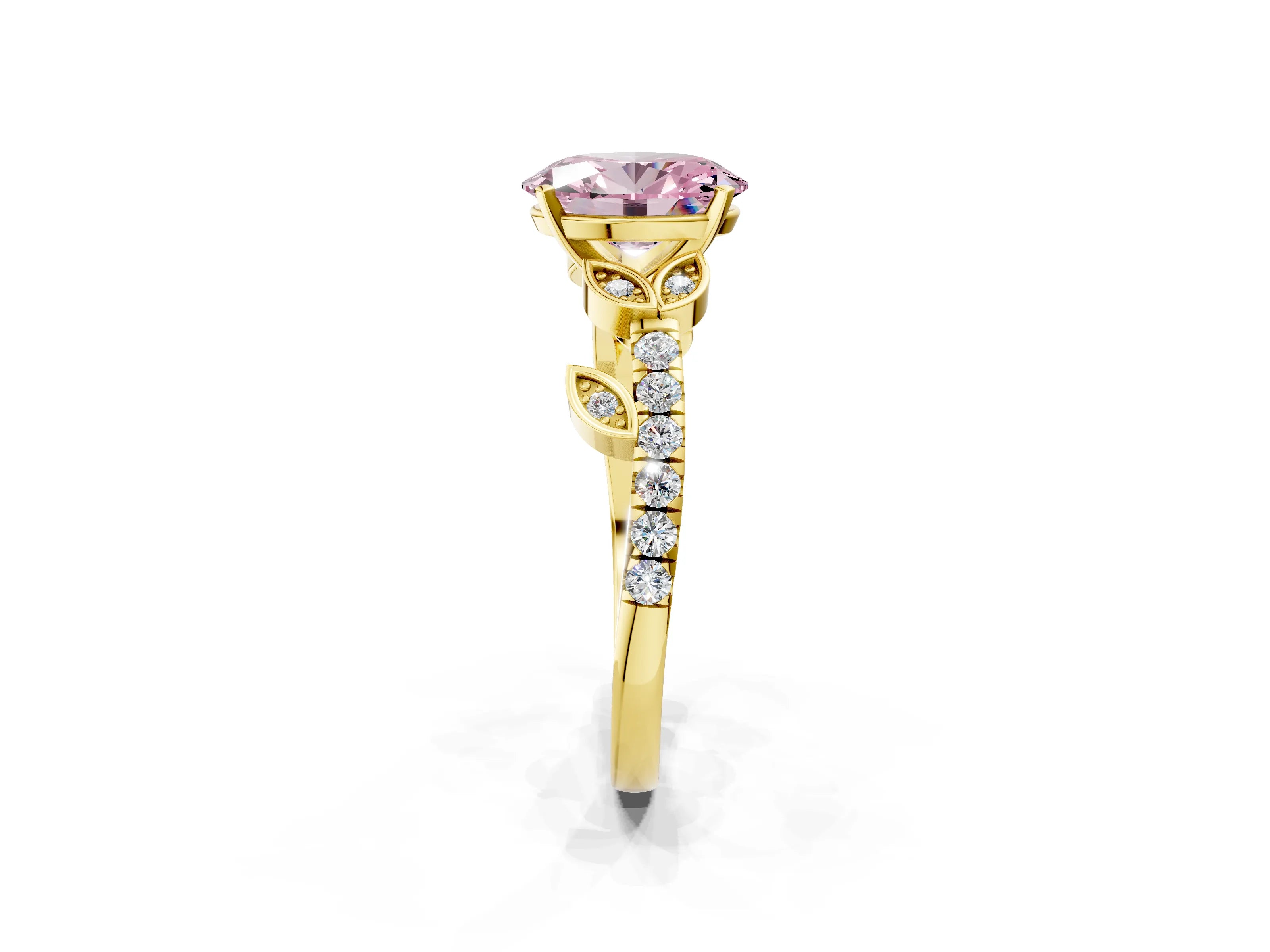 Yellow gold Fancy Pink Oval Cut Solitaire Leaf-Inspired Diamond Ring with Pavé Band and Four-Prong Setting_2