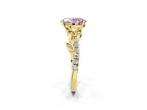 Yellow gold Fancy Pink Oval Cut Solitaire Leaf-Inspired Diamond Ring with Pavé Band and Four-Prong Setting_2