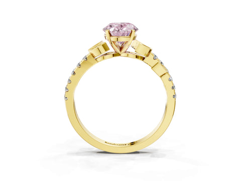Yellow gold Fancy Pink Oval Cut Solitaire Leaf-Inspired Diamond Ring with Pavé Band and Four-Prong Setting_3