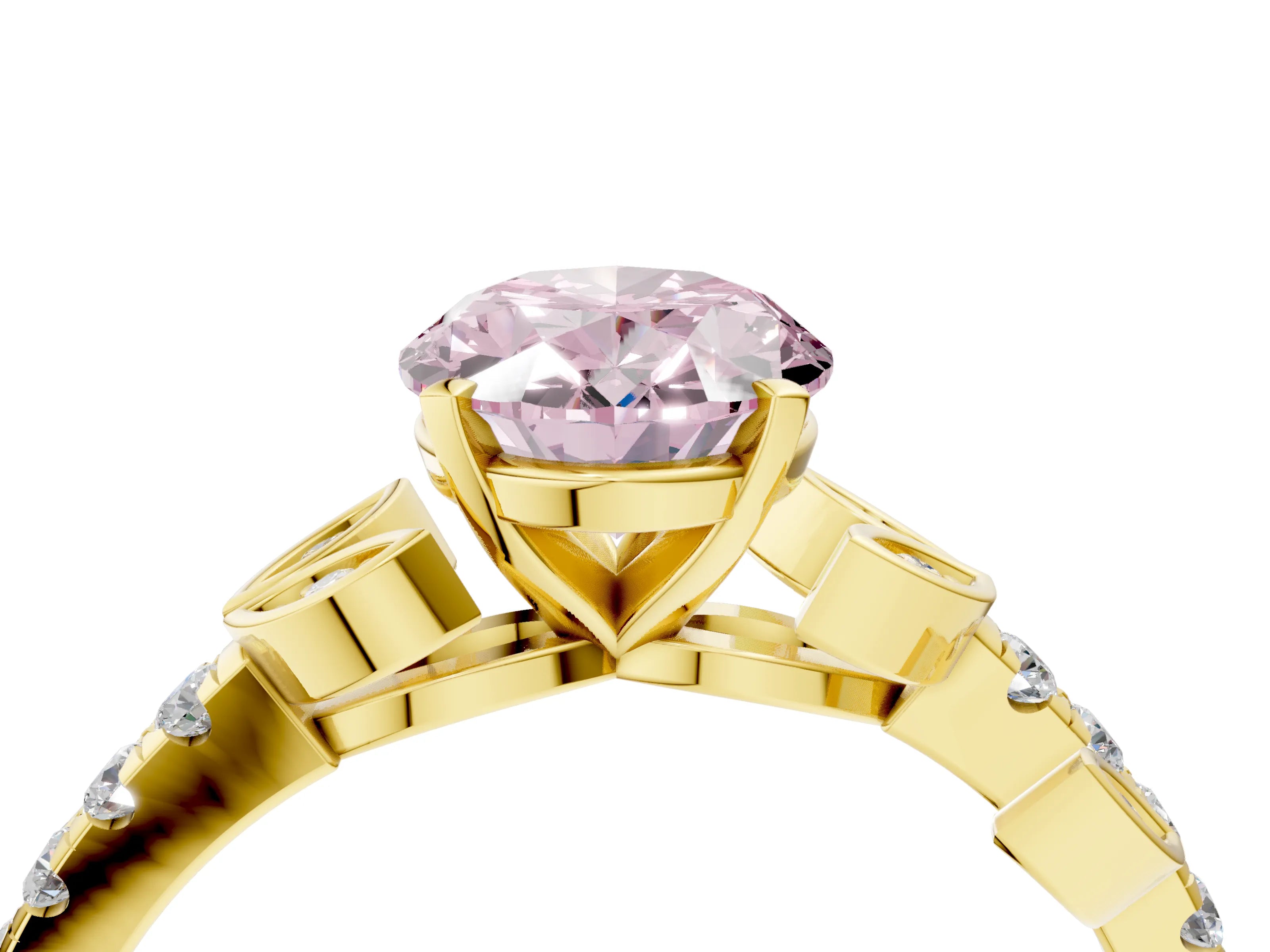 Yellow gold Fancy Pink Oval Cut Solitaire Leaf-Inspired Diamond Ring with Pavé Band and Four-Prong Setting_4