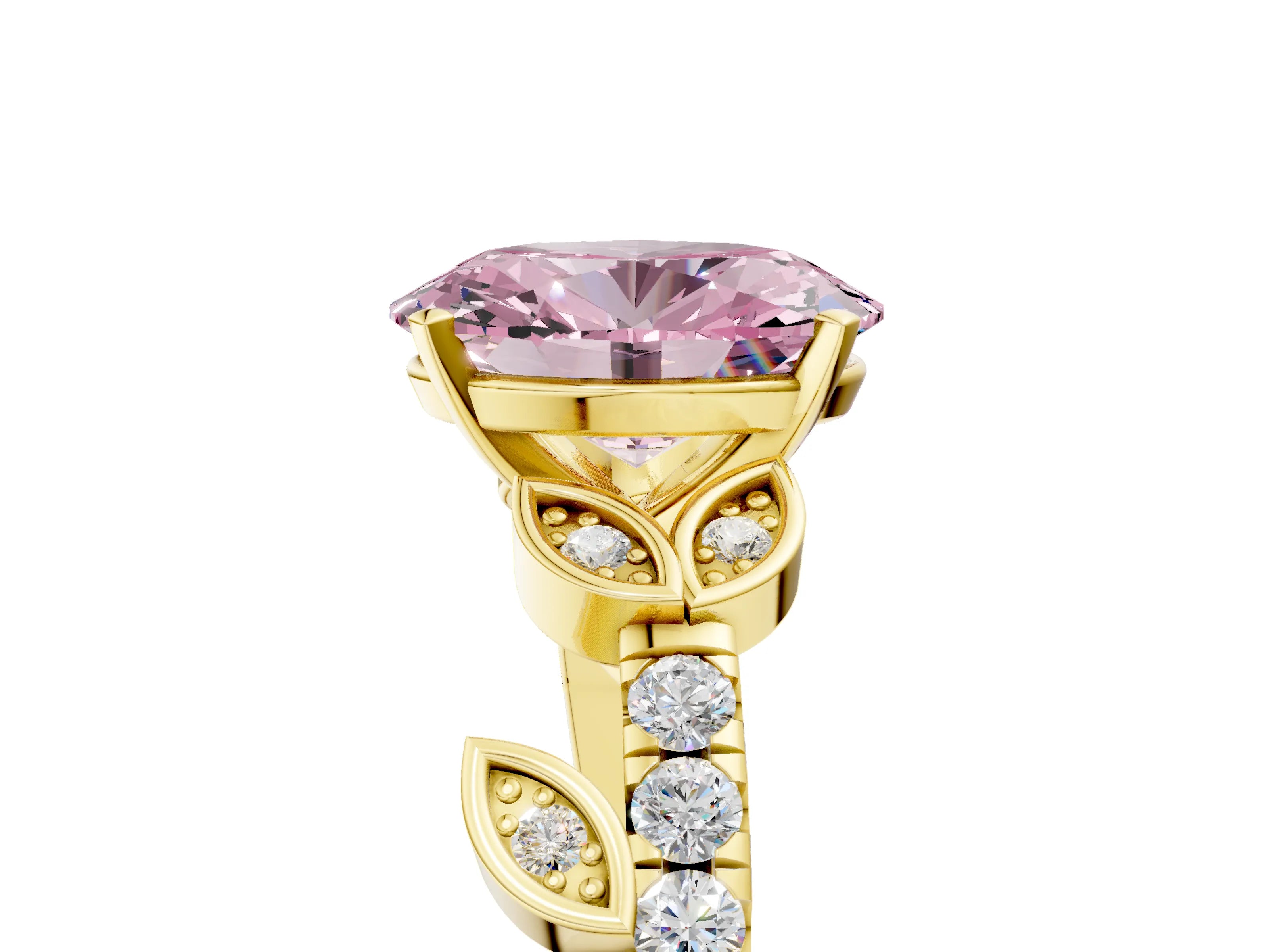 Yellow gold Fancy Pink Oval Cut Solitaire Leaf-Inspired Diamond Ring with Pavé Band and Four-Prong Setting_5