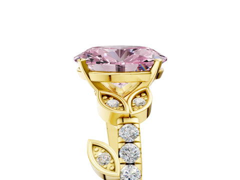 Yellow gold Fancy Pink Oval Cut Solitaire Leaf-Inspired Diamond Ring with Pavé Band and Four-Prong Setting_5