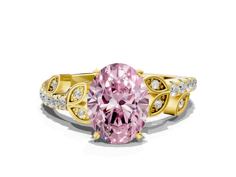 Yellow gold Fancy Pink Oval Cut Solitaire Leaf-Inspired Diamond Ring with Pavé Band and Four-Prong Setting