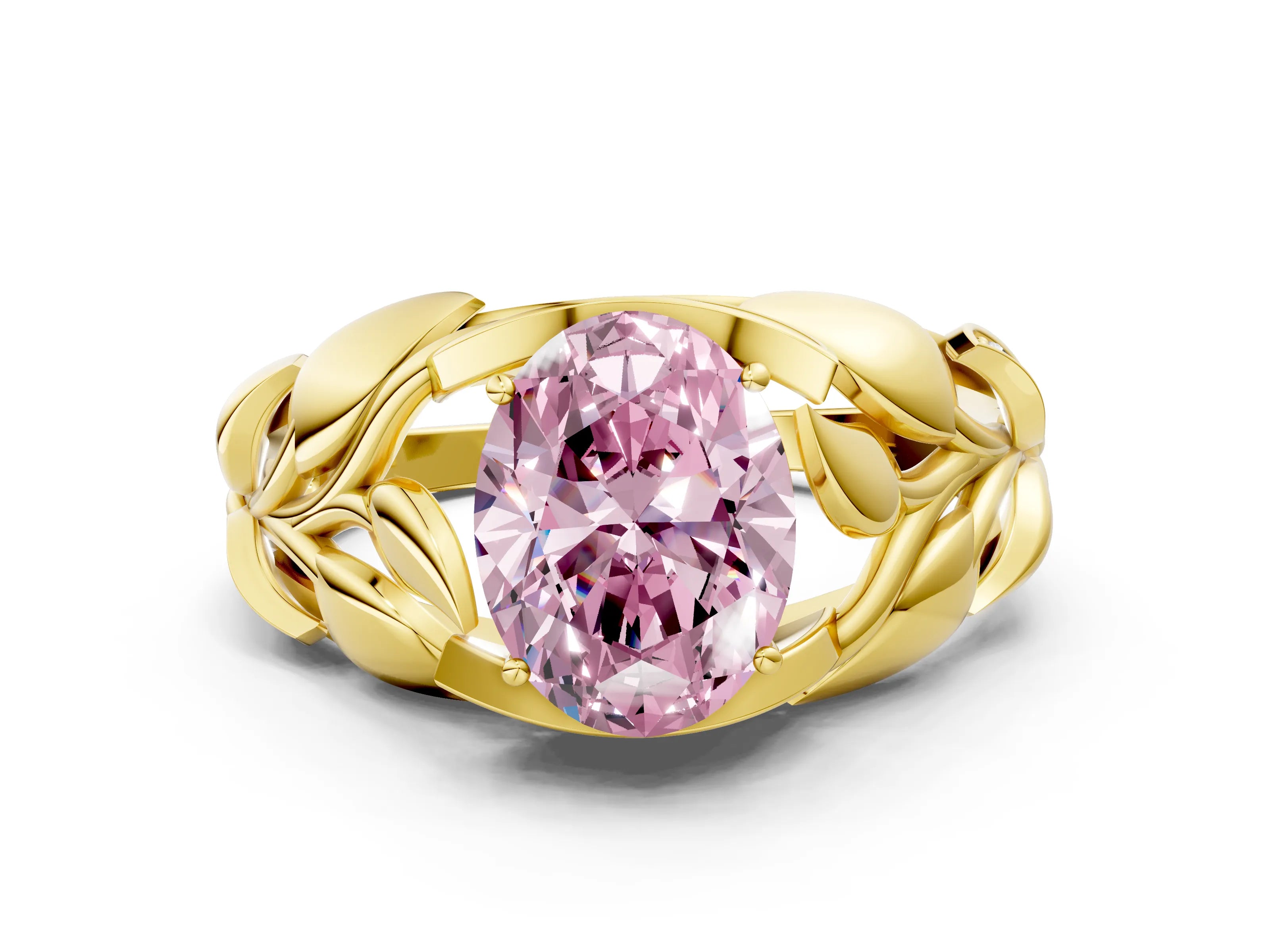 Yellow gold Fancy Pink Oval Cut Solitaire Leaf-Inspired Engagement Ring with Prong Setting