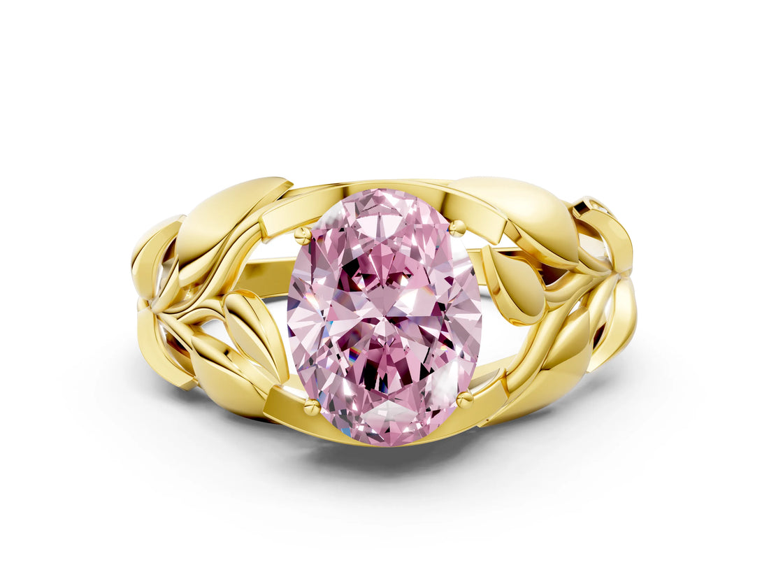 Yellow gold Fancy Pink Oval Cut Solitaire Leaf-Inspired Engagement Ring with Prong Setting_12