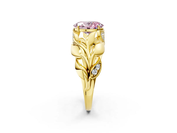 Yellow Gold Oval Leaf Bypass Engagement Ring Setting for Fancy Pink Center with Pave Leaf Panels