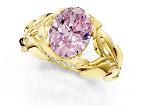 Yellow gold Fancy Pink Oval Cut Solitaire Leaf-Inspired Engagement Ring with Prong Setting_1
