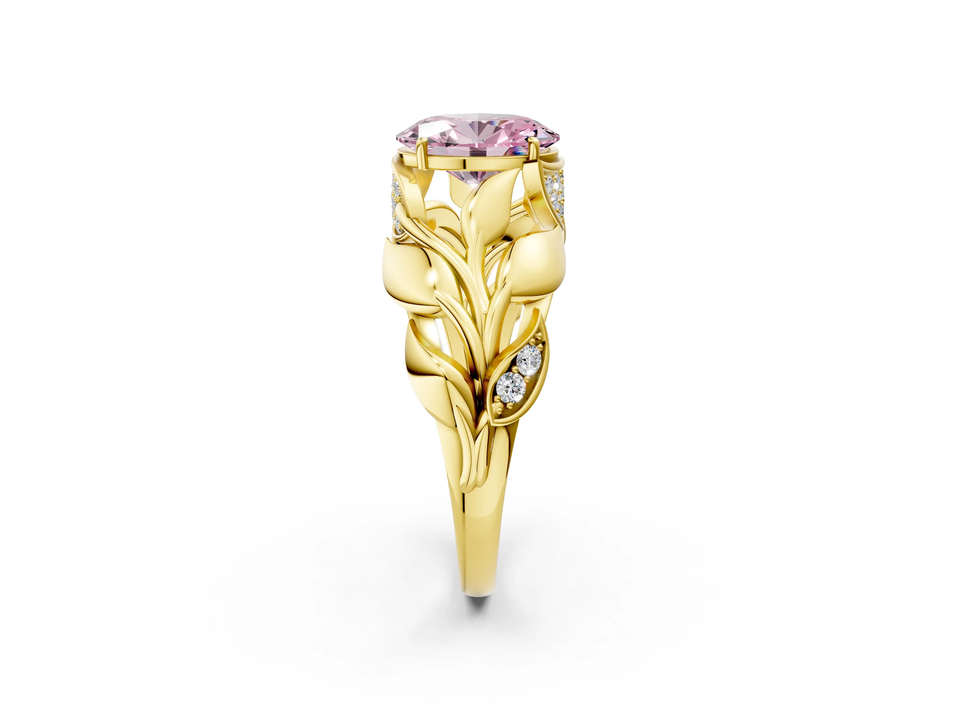 Yellow gold Fancy Pink Oval Cut Solitaire Leaf-Inspired Engagement Ring with Prong Setting_2