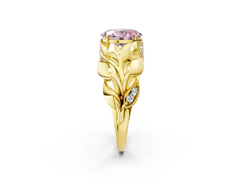 Yellow gold Fancy Pink Oval Cut Solitaire Leaf-Inspired Engagement Ring with Prong Setting_2