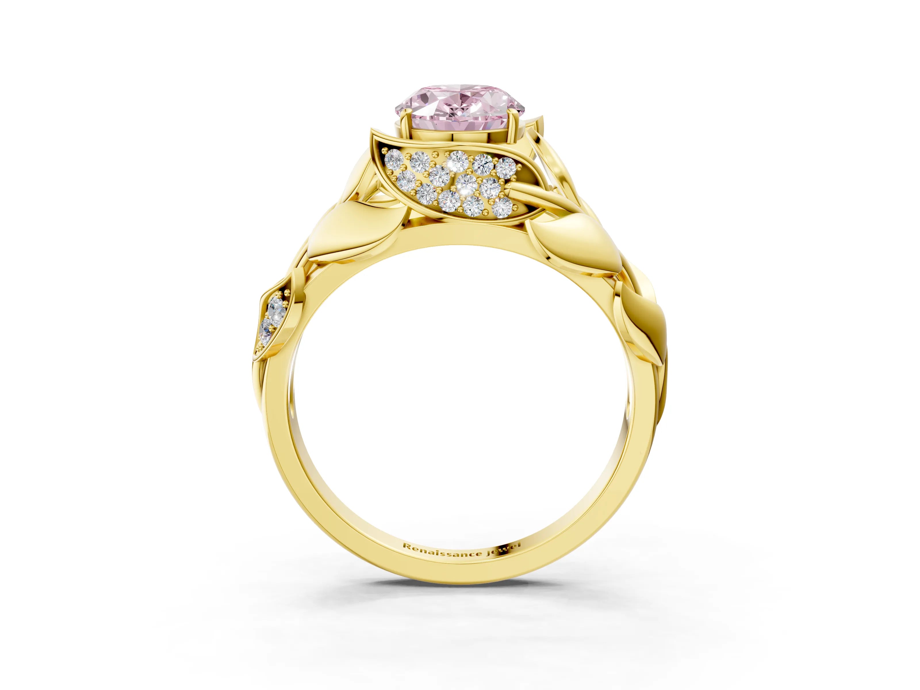 Yellow gold Fancy Pink Oval Cut Solitaire Leaf-Inspired Engagement Ring with Prong Setting_3