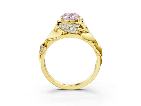 Yellow gold Fancy Pink Oval Cut Solitaire Leaf-Inspired Engagement Ring with Prong Setting_3