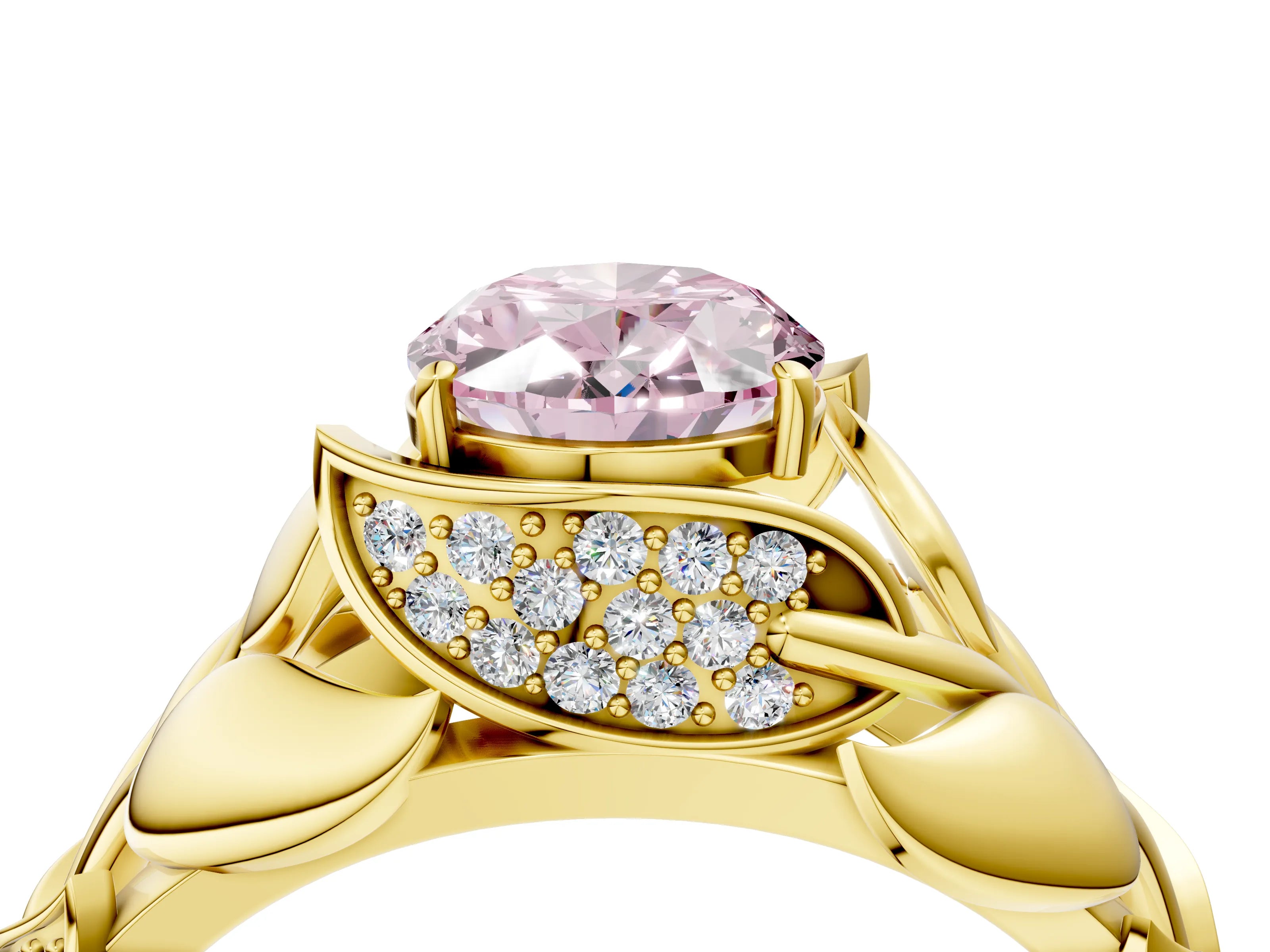 Yellow gold Fancy Pink Oval Cut Solitaire Leaf-Inspired Engagement Ring with Prong Setting_4
