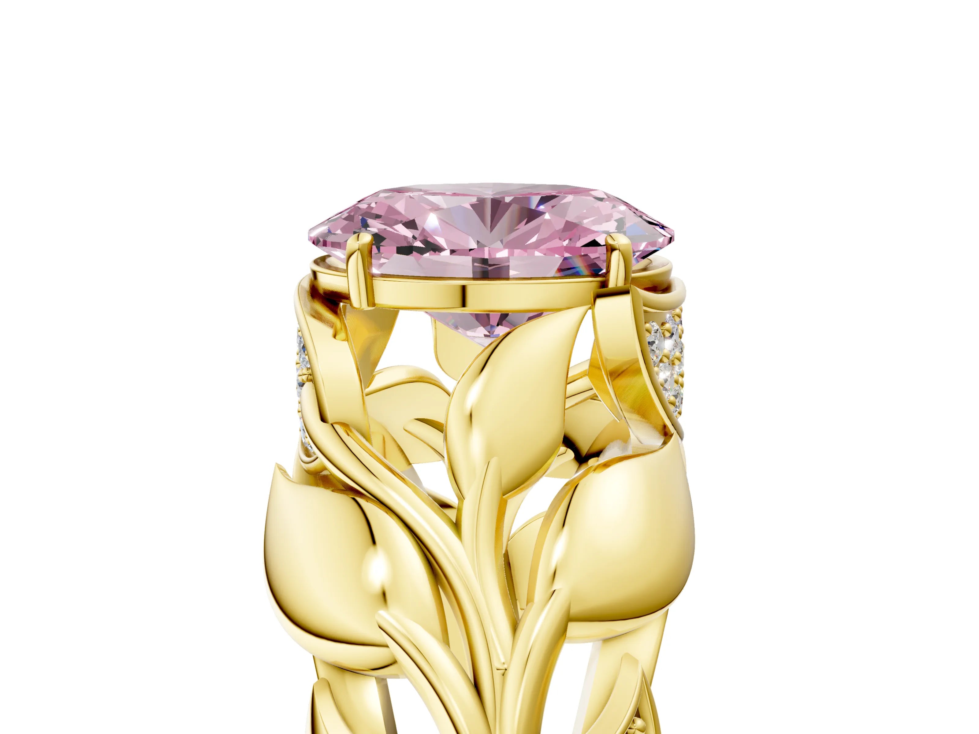Yellow gold Fancy Pink Oval Cut Solitaire Leaf-Inspired Engagement Ring with Prong Setting_5