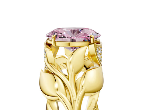 Yellow gold Fancy Pink Oval Cut Solitaire Leaf-Inspired Engagement Ring with Prong Setting_5