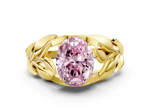Yellow gold Fancy Pink Oval Cut Solitaire Leaf-Inspired Engagement Ring with Prong Setting