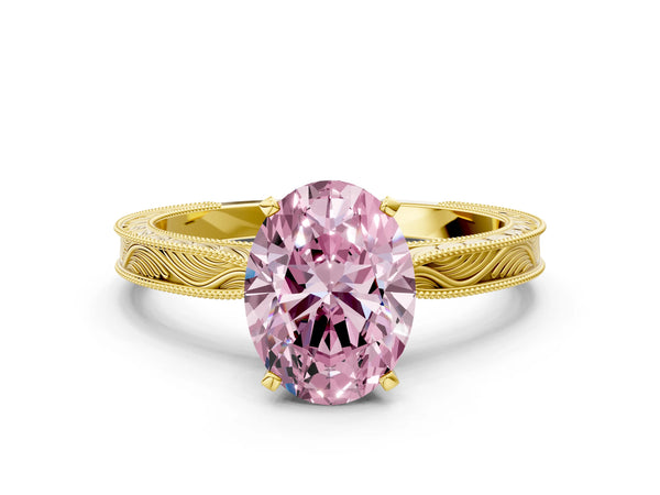 Yellow gold Fancy Pink Oval Cut Solitaire Milgrain Engraved Band with Four-Prong Setting