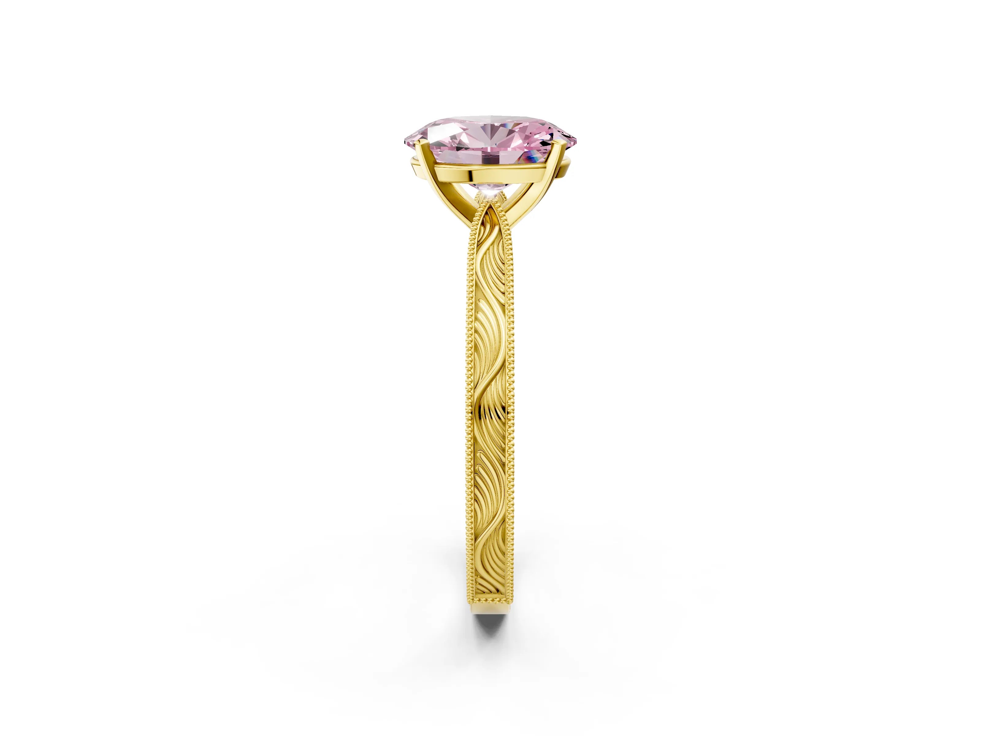 Yellow gold Fancy Pink Oval Cut Solitaire Milgrain Engraved Band with Four-Prong Setting_2