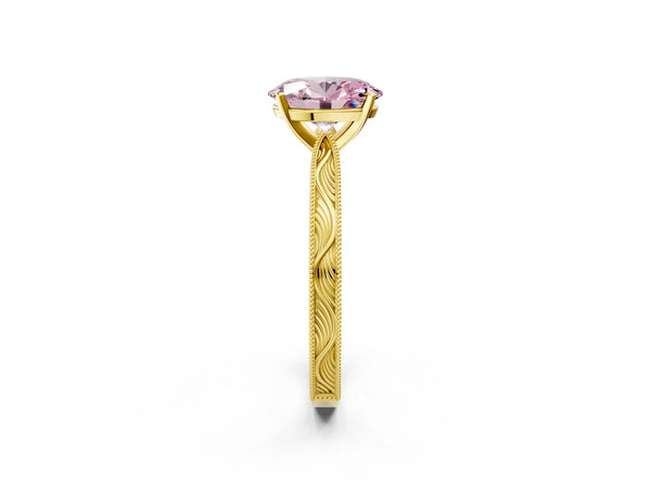 Yellow gold Fancy Pink Oval Cut Solitaire Milgrain Engraved Band with Four-Prong Setting