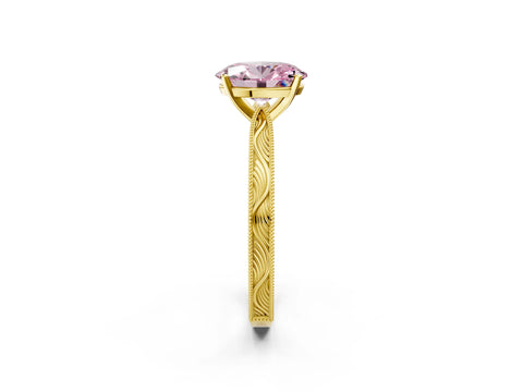 Yellow gold Fancy Pink Oval Cut Solitaire Milgrain Engraved Band with Four-Prong Setting_2