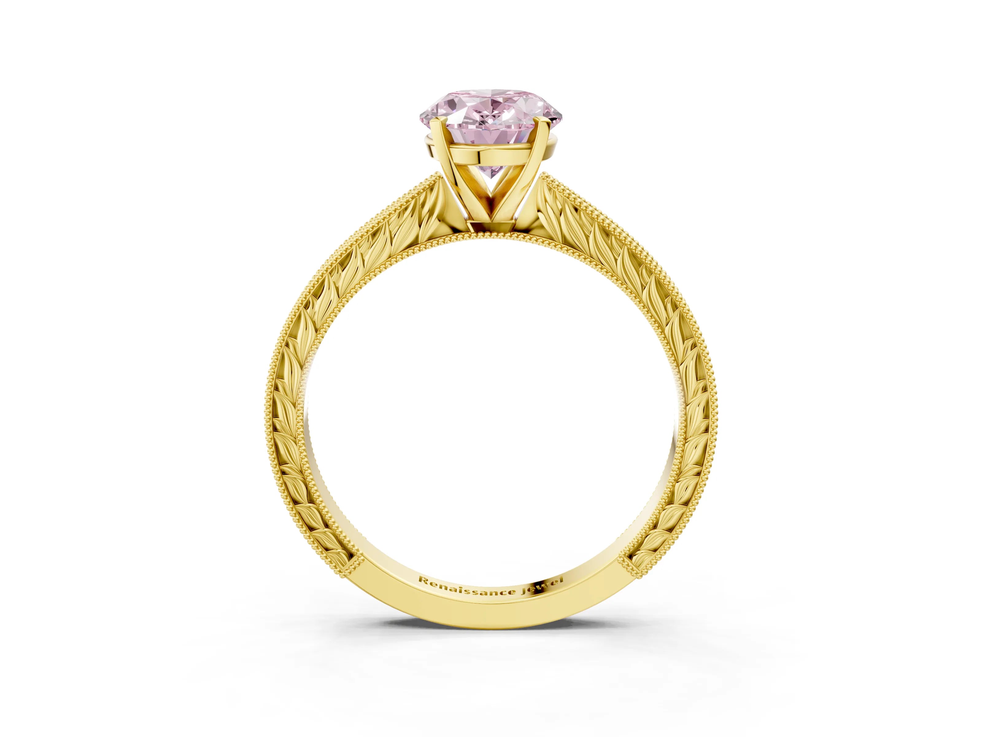 Yellow gold Fancy Pink Oval Cut Solitaire Milgrain Engraved Band with Four-Prong Setting_3