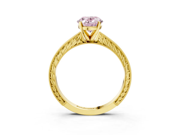 Yellow gold Fancy Pink Oval Cut Solitaire Milgrain Engraved Band with Four-Prong Setting