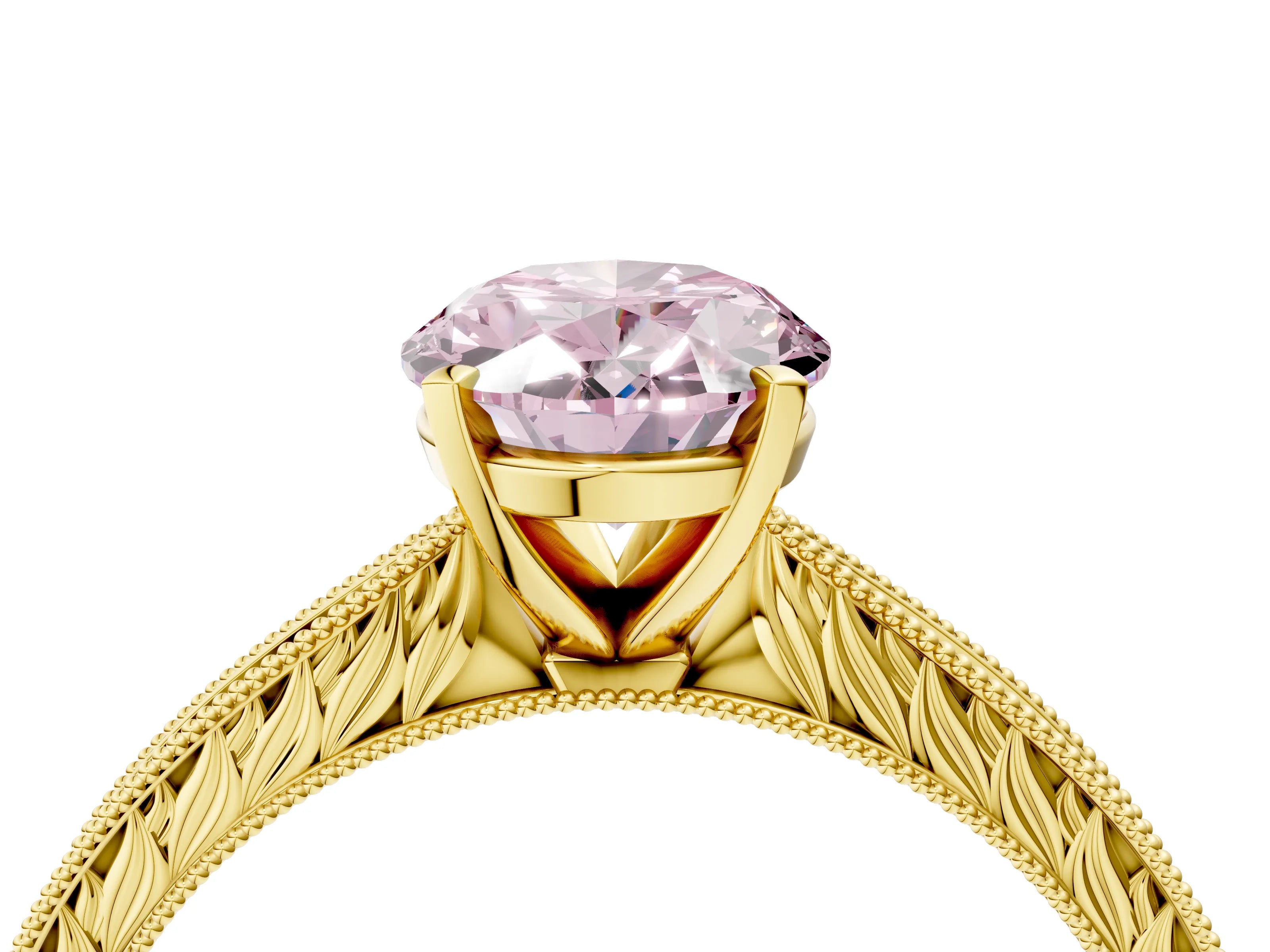 Yellow gold Fancy Pink Oval Cut Solitaire Milgrain Engraved Band with Four-Prong Setting_4