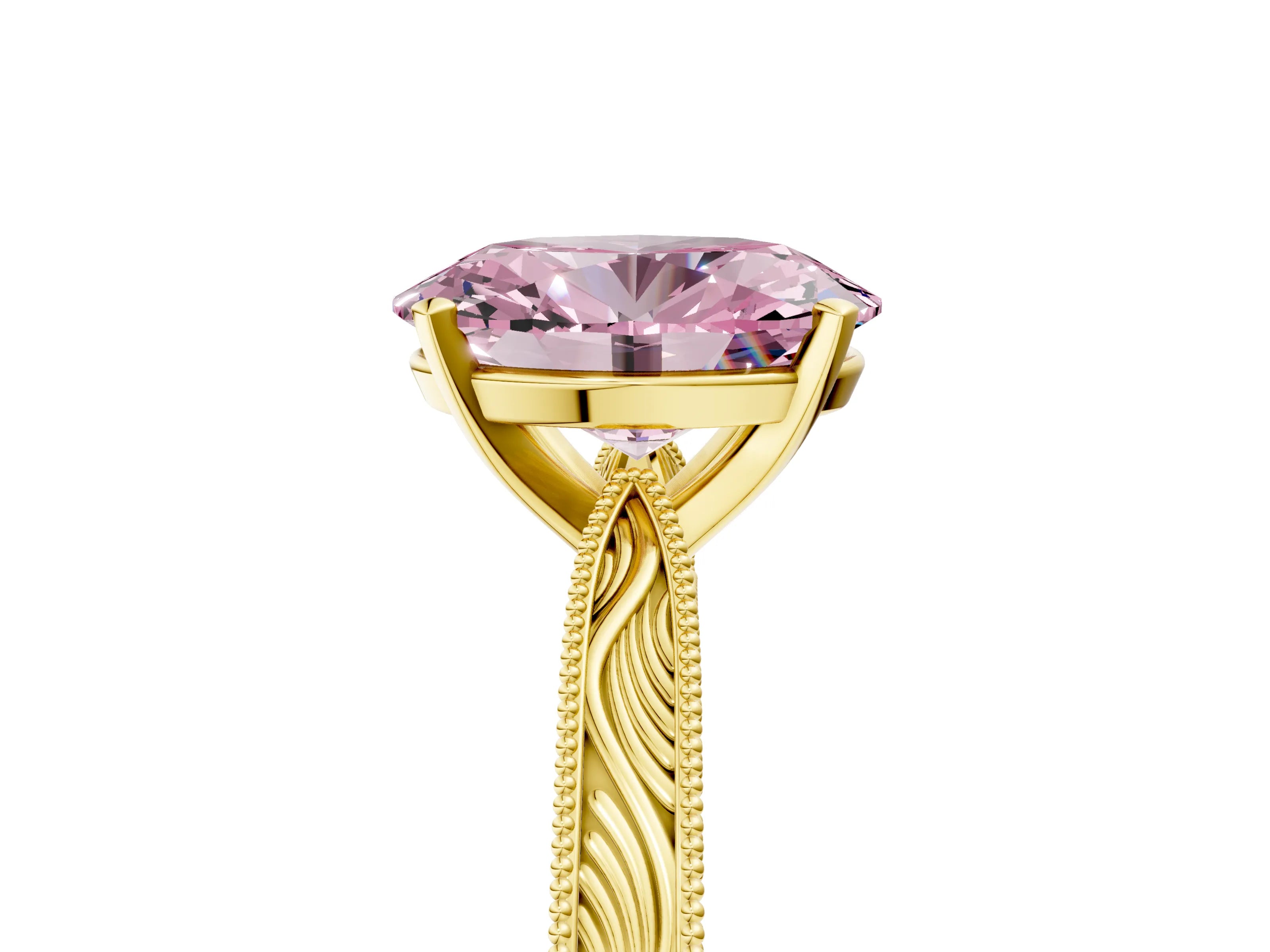 Yellow gold Fancy Pink Oval Cut Solitaire Milgrain Engraved Band with Four-Prong Setting_5