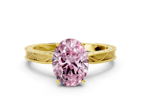Yellow gold Fancy Pink Oval Cut Solitaire Milgrain Engraved Band with Four-Prong Setting