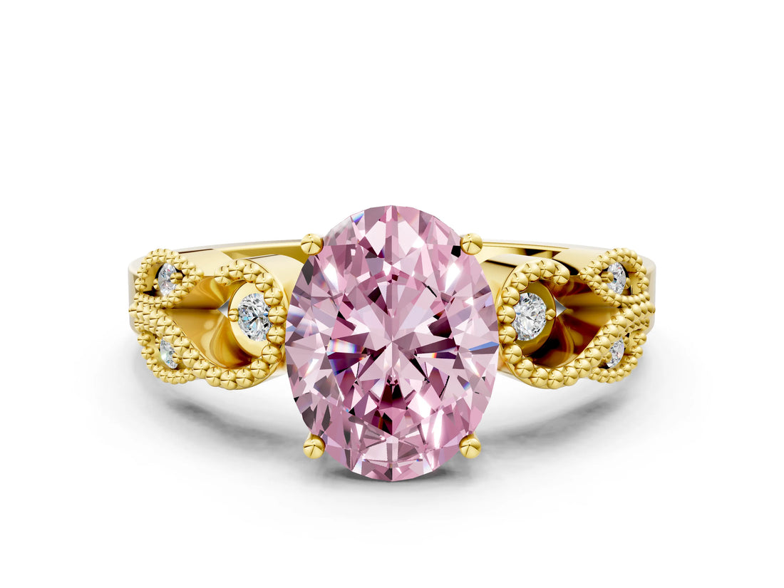 Yellow gold Fancy Pink Oval Cut Solitaire Milgrain Leaf Band with Prong Setting