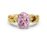Yellow gold Fancy Pink Oval Cut Solitaire Milgrain Leaf Band with Prong Setting