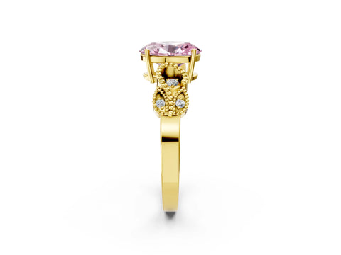Yellow gold Fancy Pink Oval Cut Solitaire Milgrain Leaf Band with Prong Setting_2