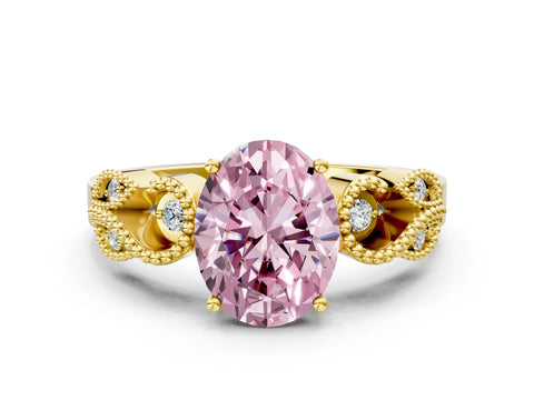 Yellow gold Fancy Pink Oval Cut Solitaire Milgrain Leaf Band with Prong Setting