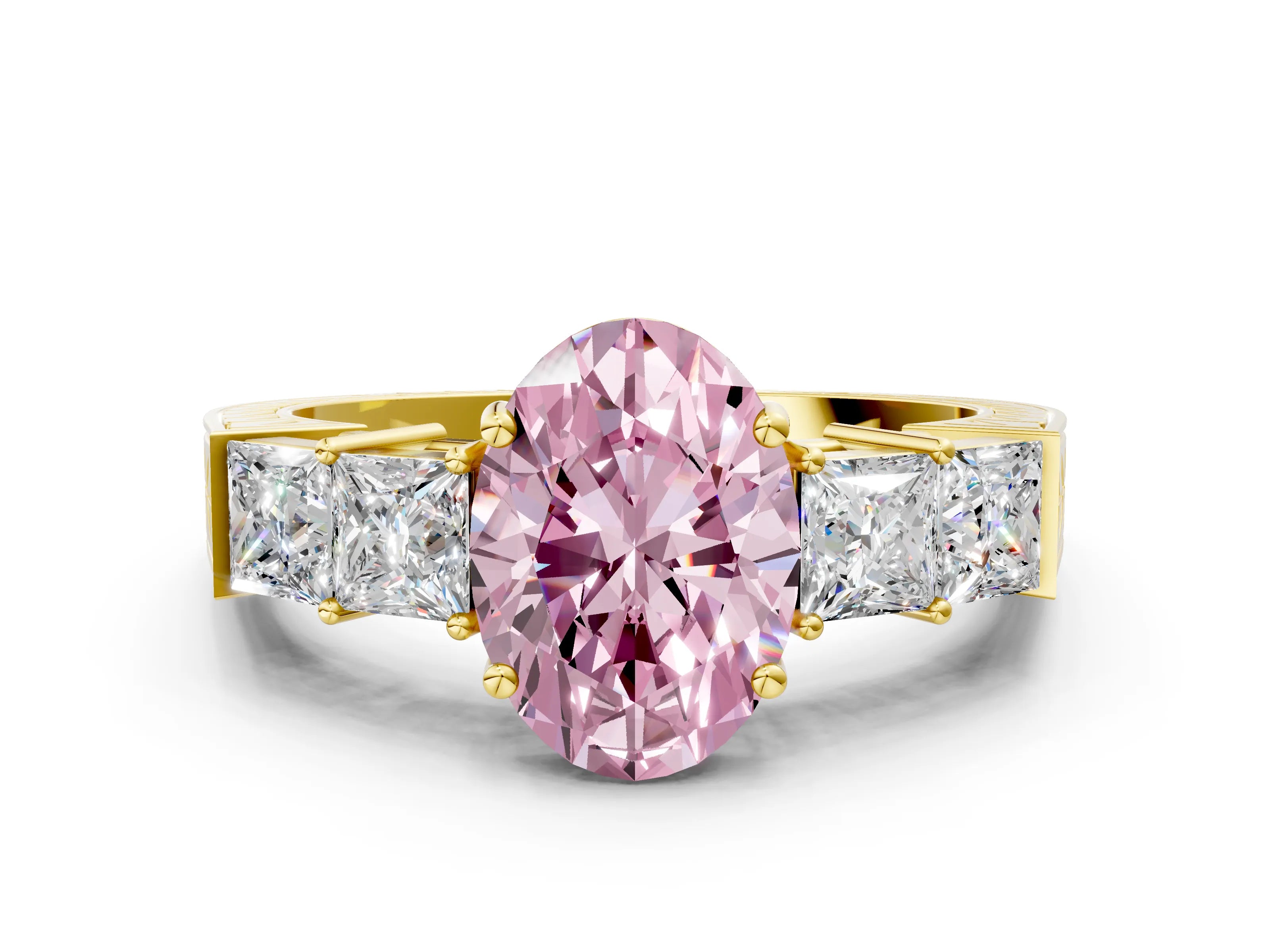 Yellow gold Fancy Pink Oval Cut Solitaire Princess Side Stone Engraved Band Prong Setting Ring