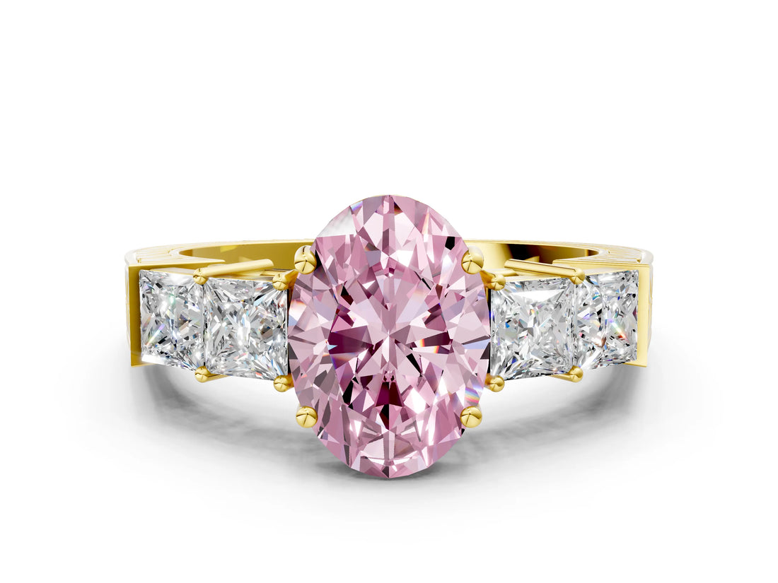 Yellow gold Fancy Pink Oval Cut Solitaire Princess Side Stone Engraved Band Prong Setting Ring