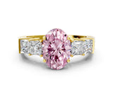 Yellow gold Fancy Pink Oval Cut Solitaire Princess Side Stone Engraved Band Prong Setting Ring