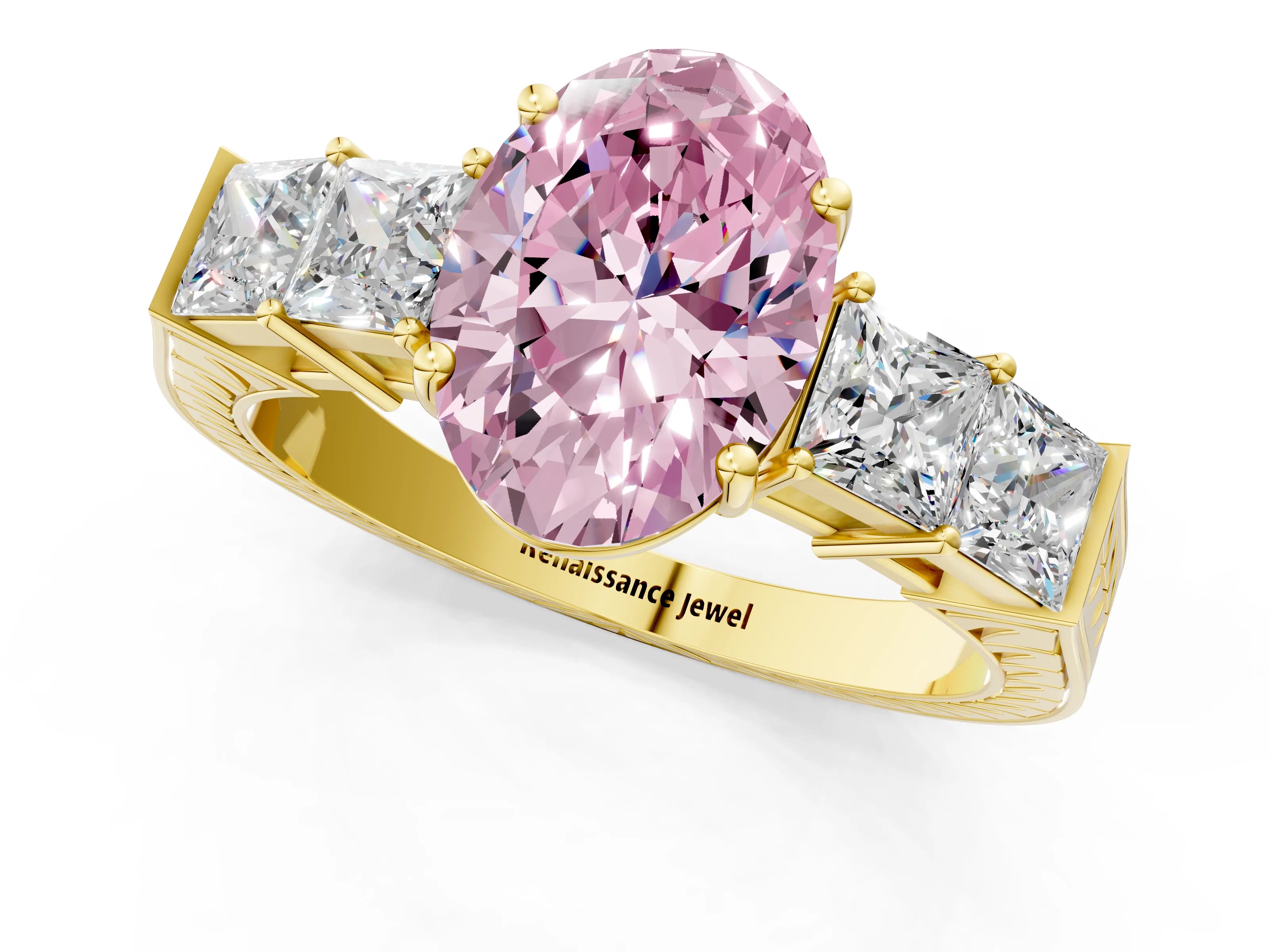 Yellow gold Fancy Pink Oval Cut Solitaire Princess Side Stone Engraved Band Prong Setting Ring_1
